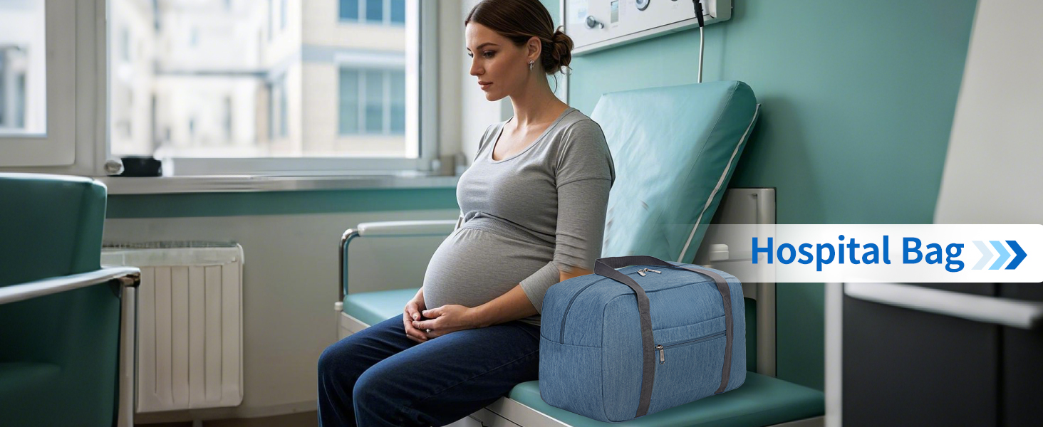Light blue hospital bag shown in a medical setting with text overlay. Appears to be a spacious duffle-style bag with multiple compartments.