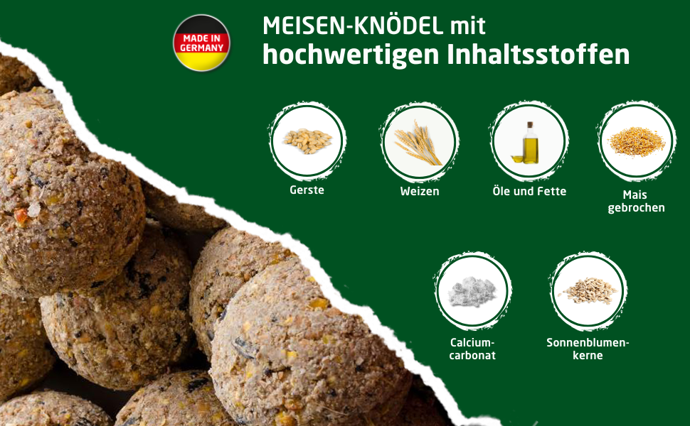 Runde, dunkle Semmelknödel mit sichtbaren Körnern, dargestellt mit Zutatensymbolen wie Körnern, Ölen, Nüssen und Mineralien auf grünem Hintergrund.