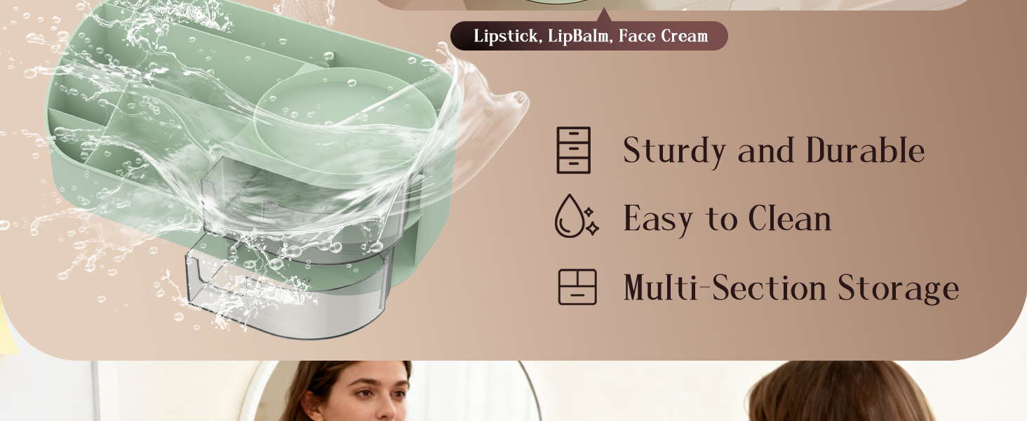 Text reads 'Sturdy and Durable', 'Easy to Clean', 'Multi Section Storage'. Shows clear storage containers with green lids being demonstrated for food storage.