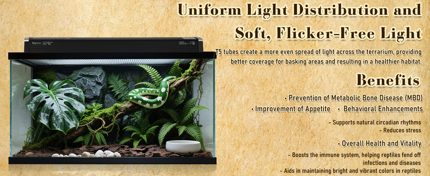 Lighting fixture product photo showing 'Uniform Light Distribution and' text with technical specifications and benefits panel on a beige background.