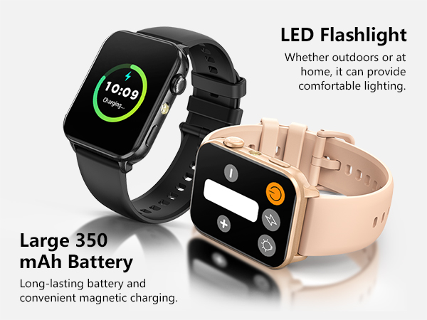 Text reads 'LED Flashlight' and 'Large 350 mAh Battery'. Smart watches shown in black and rose gold colors with LED flashlight feature and magnetic charging capabilities.