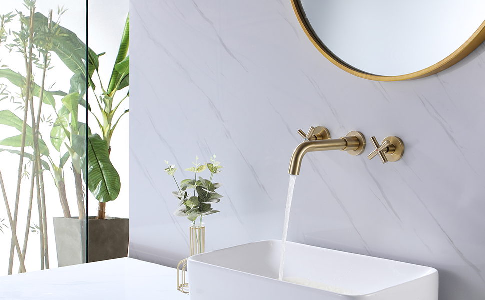 RBROHANT Brushed Gold Wall Mount Faucet Brushed Brass Bathroom Vessel