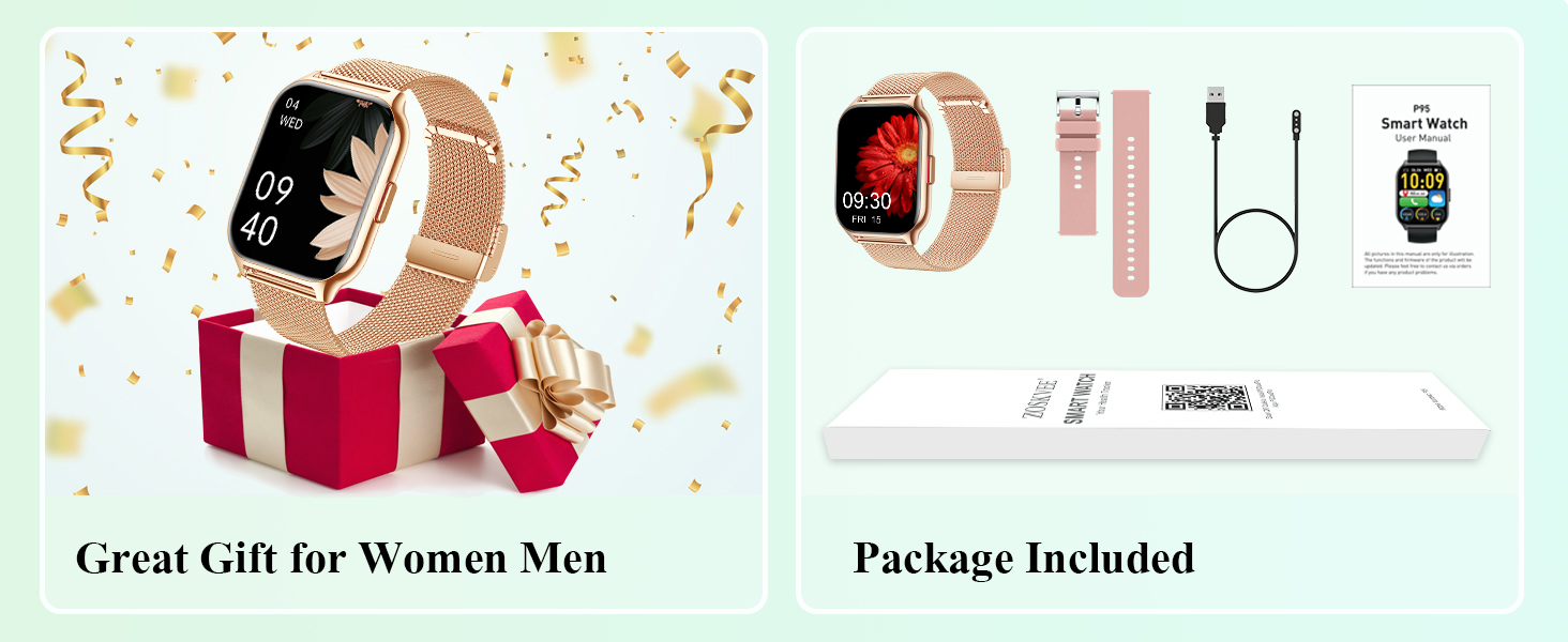Smartwatch with rose gold band, displayed as gift. Package includes watch, extra band, charging cable, and instruction manual. Confetti background suggests celebratory context.