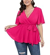 SCOMCHIC Women's Plus Size Short Sleeve V Neck Wrap Belted Ruffle Peplum Blouse Tops