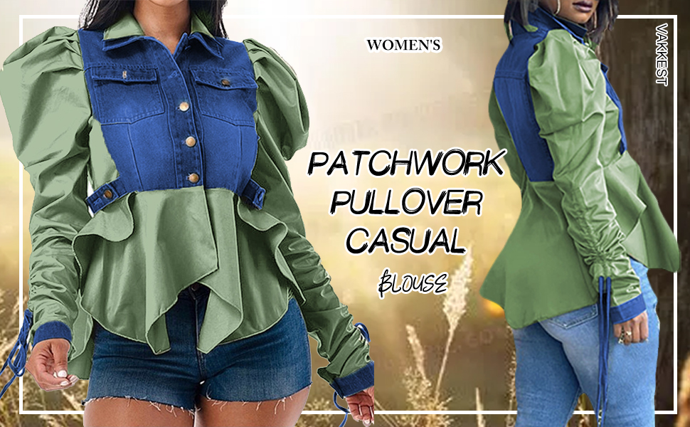 Amazon.com: Vakkest Womens Puff Denim Patchwork Fashion Chic