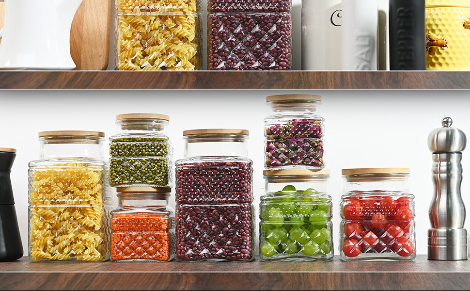 Large Square Glass Storage Jars, 60oz Kitchen Food