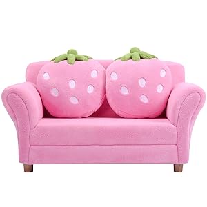 RELAX4LIFE Canapé Enfant 2 Places Avec Rembourrage En Éponge, Surface Peluche De Corail, Fauteuil Sofa Avec 2 Oreillers En Forme De Fraise Pour 3-7 Ans, 90X53X48 CM, Rose/Bleu (Rose) 18 1
