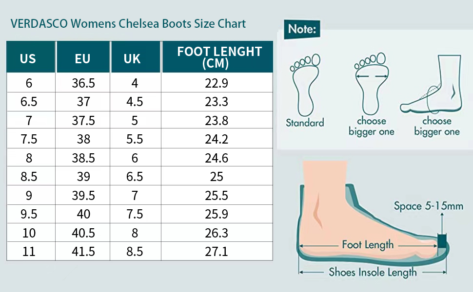 VERDASCO Women's Chelsea Boots Size Chart