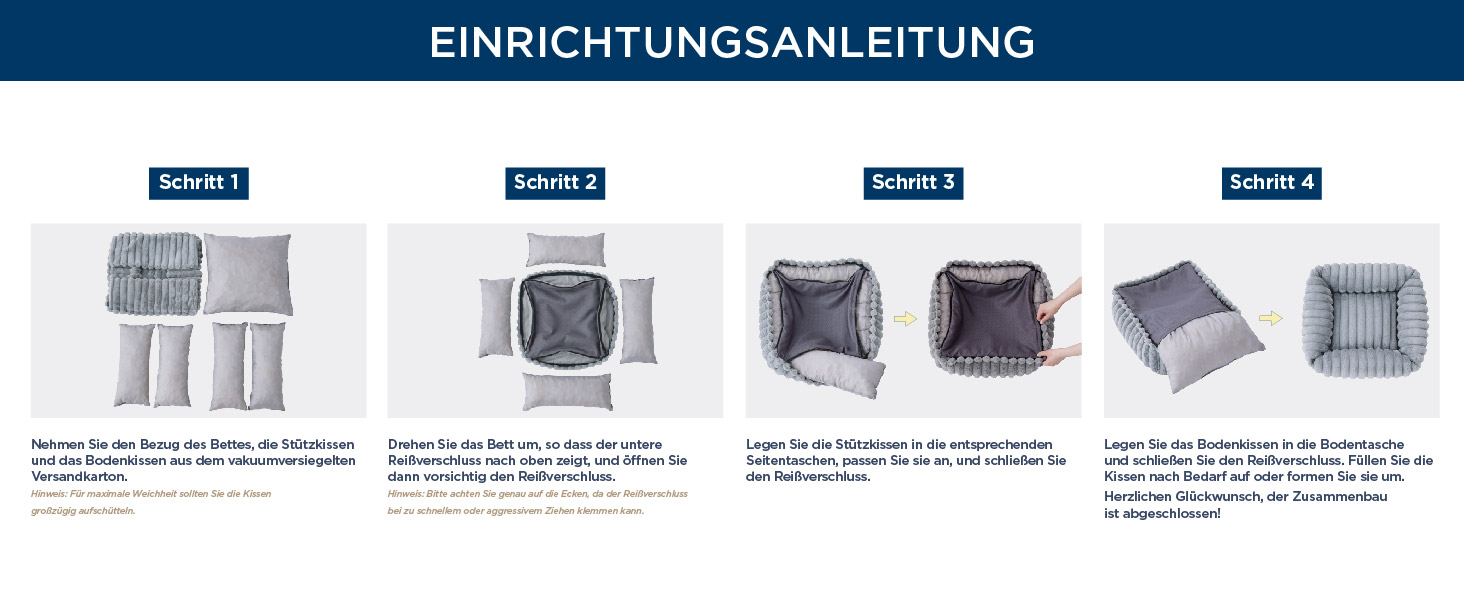 Montageanleitung für einen gepolsterten Sitz, die vier Schritte mit Bildern zeigt: Stoffteile anordnen, Kissen einsetzen, Gurte anbringen und endgültige Produktplatzierung.
