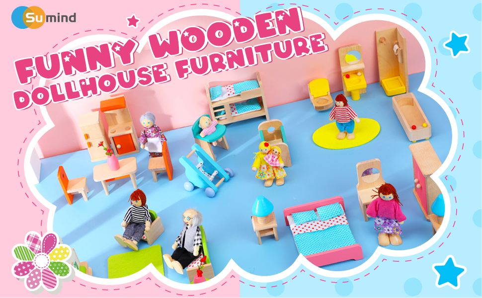 Wooden Dollhouse Furniture Doll House Furnishings with 8