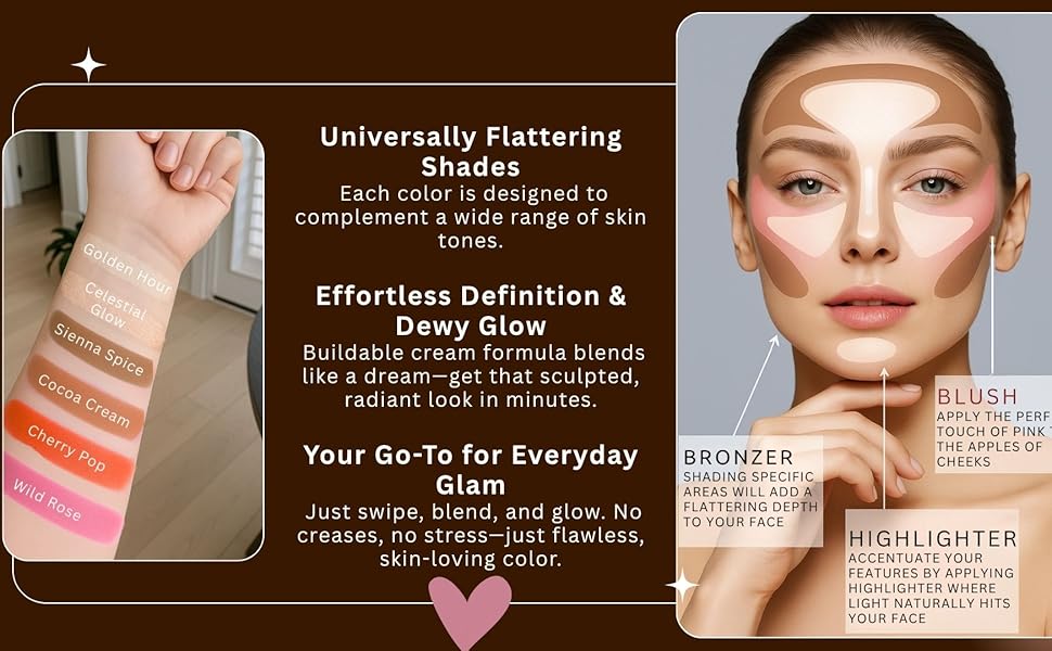 universal shades makeup, contour placement guide, easy face sculpting makeup, natural glam look