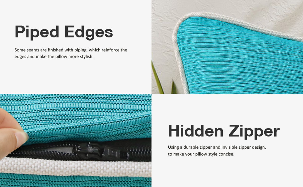 Piped - edge throw pillows, hidden zipper design, durable home decor