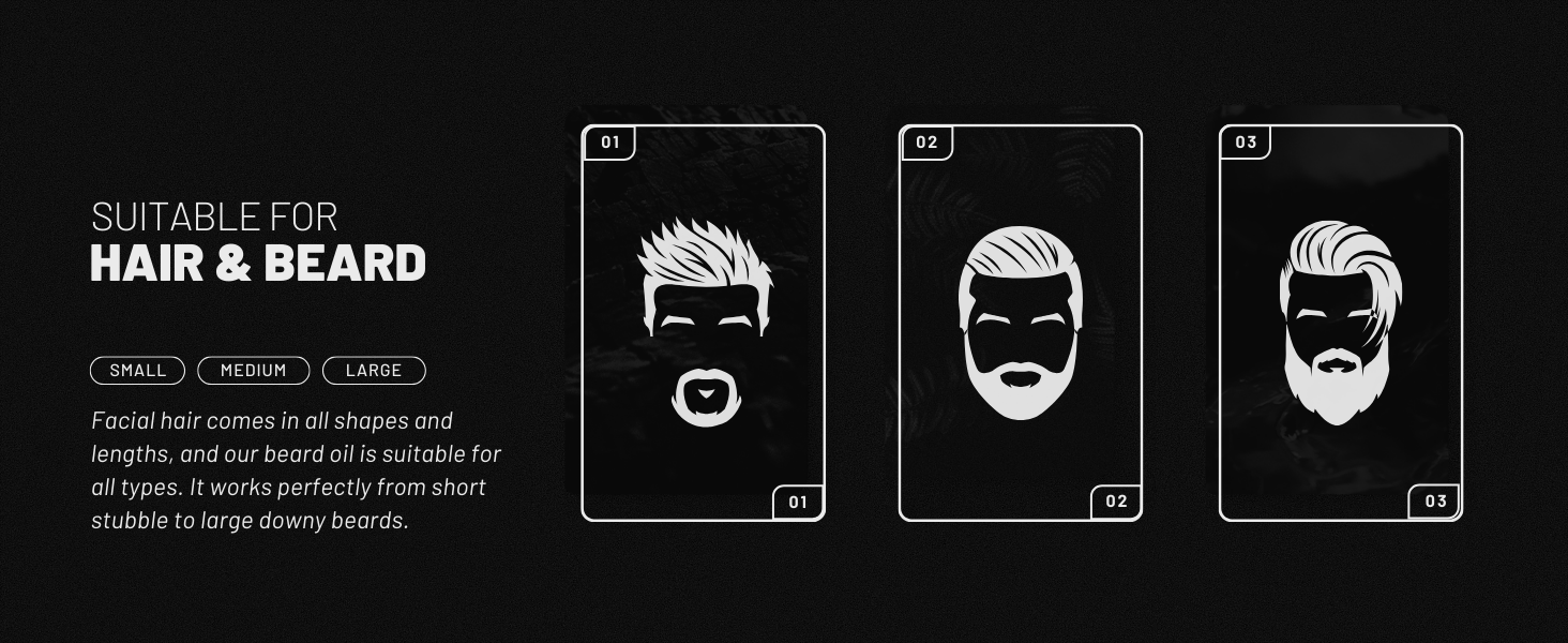 Hair and beard styling guide showing three male silhouettes with different hairstyles and facial hair combinations. Text indicates it's suitable for hair and beard styling.