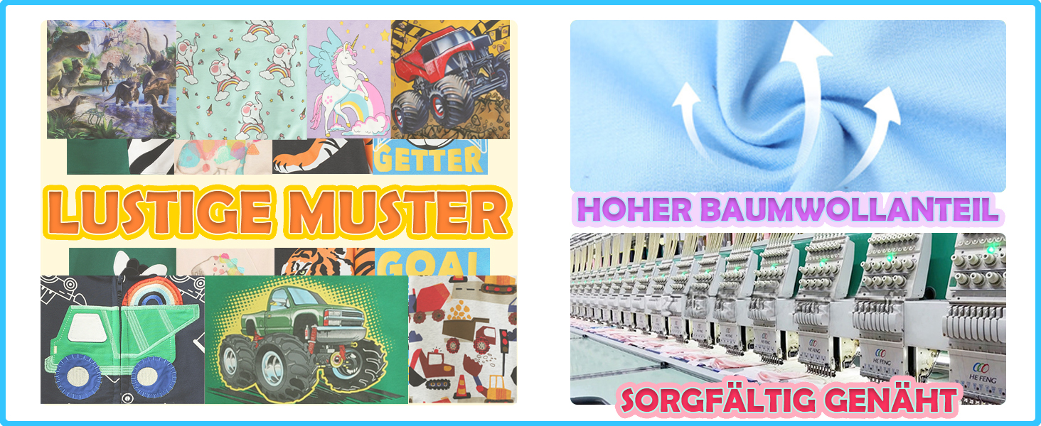 Der Text lautet „LUSTIGES MUSTER“ auf einem gelben Textbanner. Geteiltes Bild mit farbenfrohen Musterdesigns und Einkaufswagenaufstellung vor blauem Himmel.