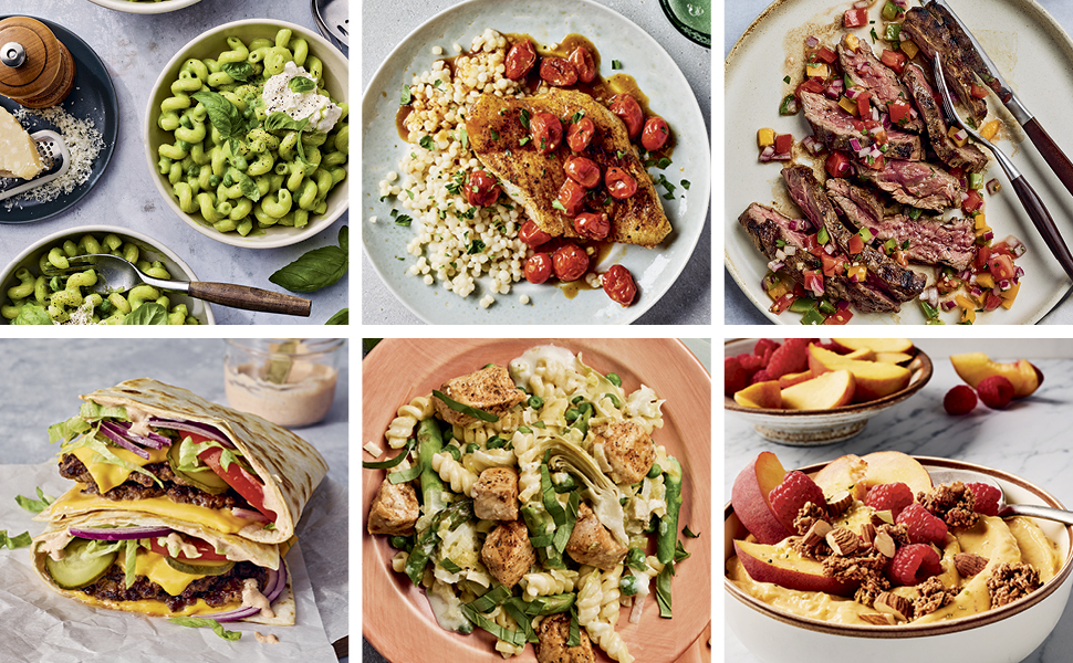 Collage of photos include pasta primavera, seared cod, churrasco, and peaches & cream smoothie bowl