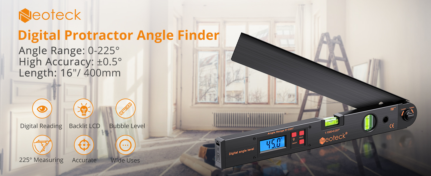 Neoteck Aluminum Digital Angle Finder Protractor 225° 16 inch Backlit
