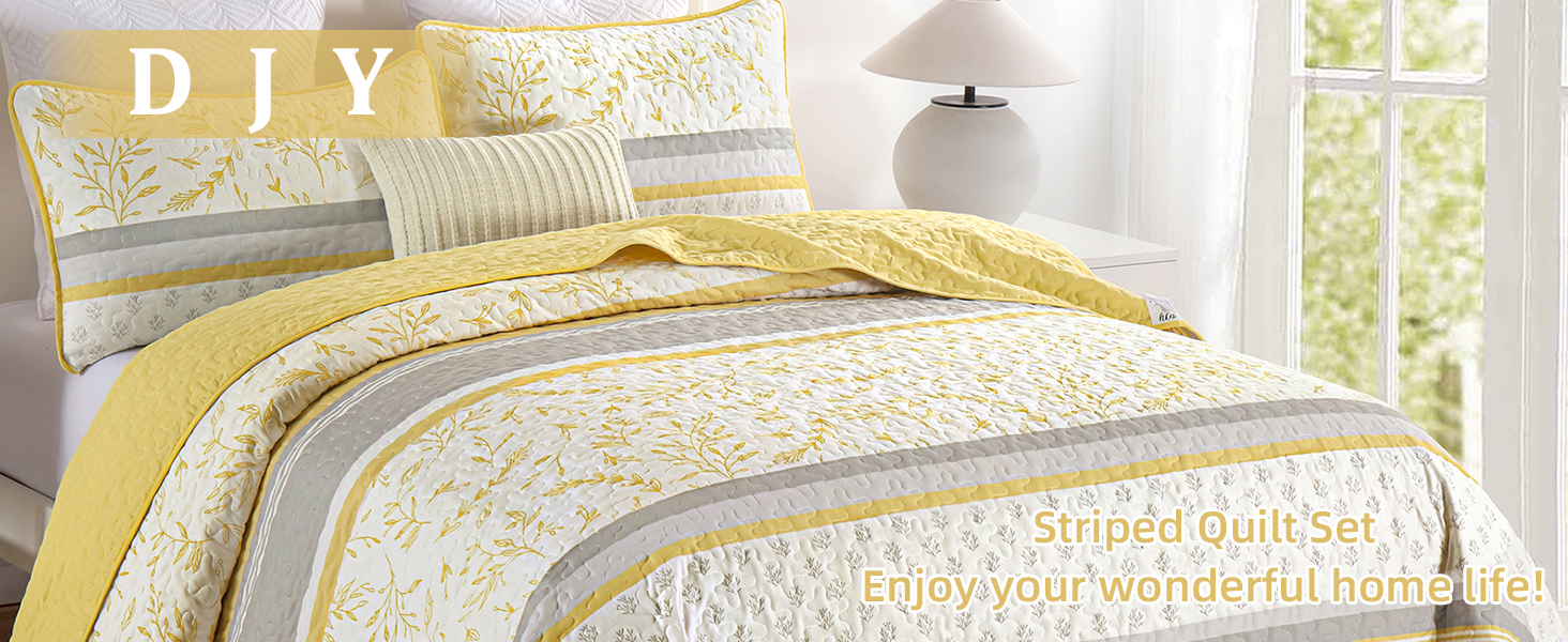 DJY Striped Quilt Set Queen Size, Yellow Grey Boho Striped