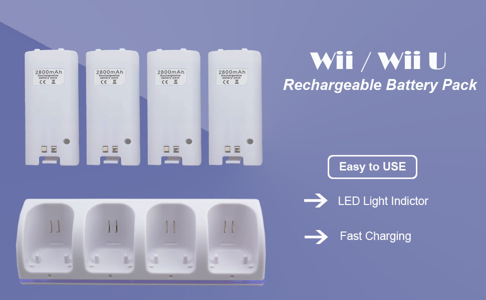 Wii Rechargeable Battery Pack, 4 in 1 Charging Station Charger Dock with 4 Pack