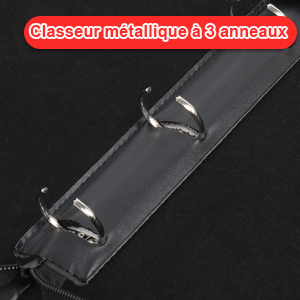 Gros plan d'un mécanisme de reliure à 3 anneaux en métal noir. Le texte français l'identifie comme un « classeur métallique à 3 anneaux