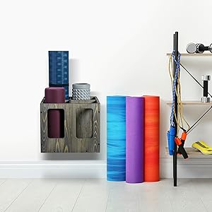 MyGift 4-Slot Vintage Brown Wood Foam Roller Storage Organizer Wall Mounted Floor Standing Rack