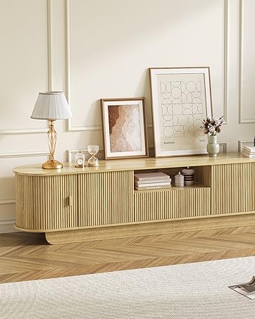 Tambour TV Stand for 55-85'', Modern Entertainment Center Cabinet TV Console with Sliding Doors