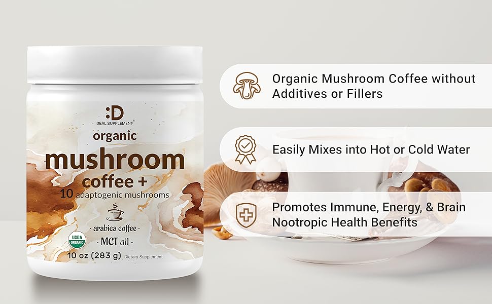 26121bb8-2876-407d-9ec1-e5192187e061.__CR1,0,4999,3092_PT0_SX970_V1___ Organic Mushroom Coffee, 10oz – 10 Adaptogenic Mushrooms with Arabica Coffee + MCT Oil for Smooth Flavor – Turkey Tail, Lions Mane, Cordyceps, Chaga, Reishi – Immune, Energy,& Brain Support Supplement