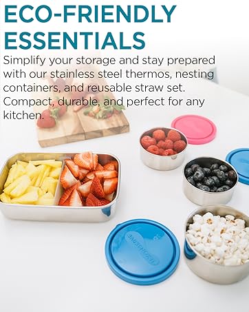 UKonserve Stainless Steel Nesting Containers and Divided Container on Table with Food