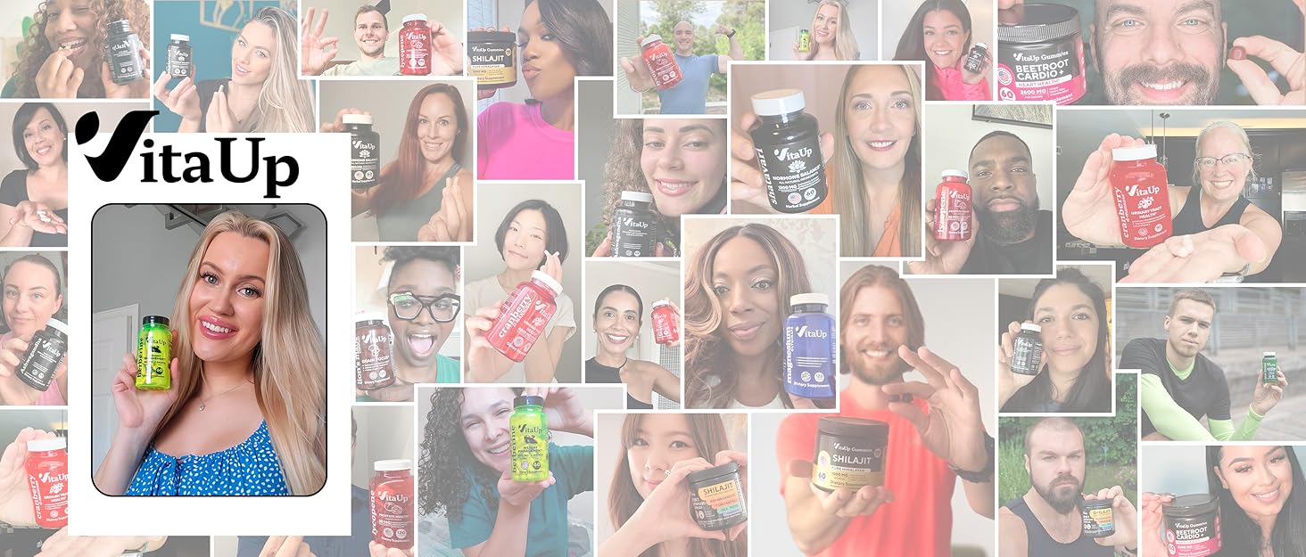 VitaUp logo with customer's pictures holding colorful supplement bottles