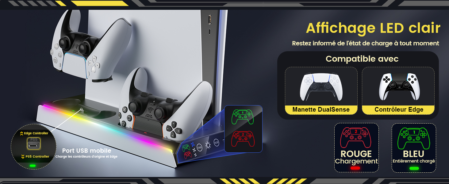 avec écran LED. La station d'accueil blanche peut contenir plusieurs contrôleurs et comporte une bande lumineuse colorée. Compatible avec les manettes DualSense et Elite. Affiche les indicateurs d'état de charge.