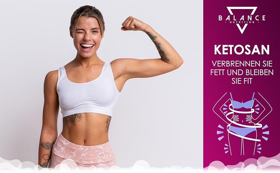Advertisement for Ketosan, a weight loss product. Shows a fit woman flexing her arm and a graphic of a person with arrows indicating fat loss.