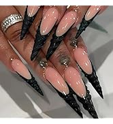 Long Press on Nails Stiletto Fake Nails with Designs 3D Lines Stick on Nail Halloween Acrylic Fal...