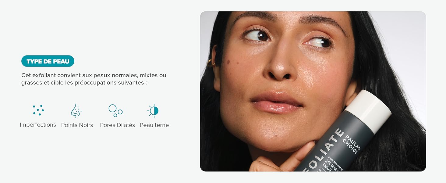 Publicité de produit montrant une démonstration d'une application de soin de la peau avec des éléments d'interface texte visibles dans le coin supérieur.