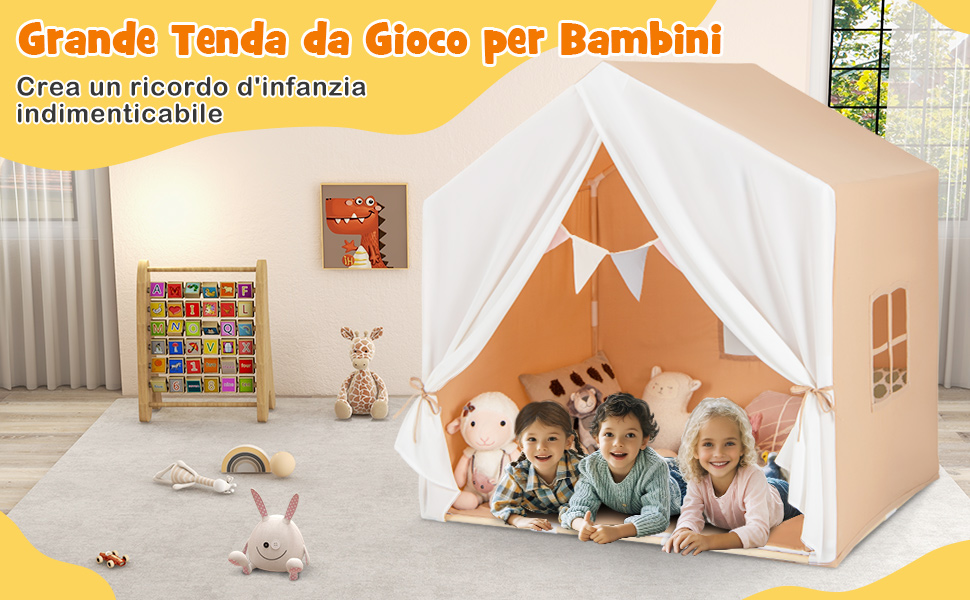 Grande tenda da gioco bianca per bambini con bandierine triangolari, allestita in una stanza luminosa con giocattoli sparsi
