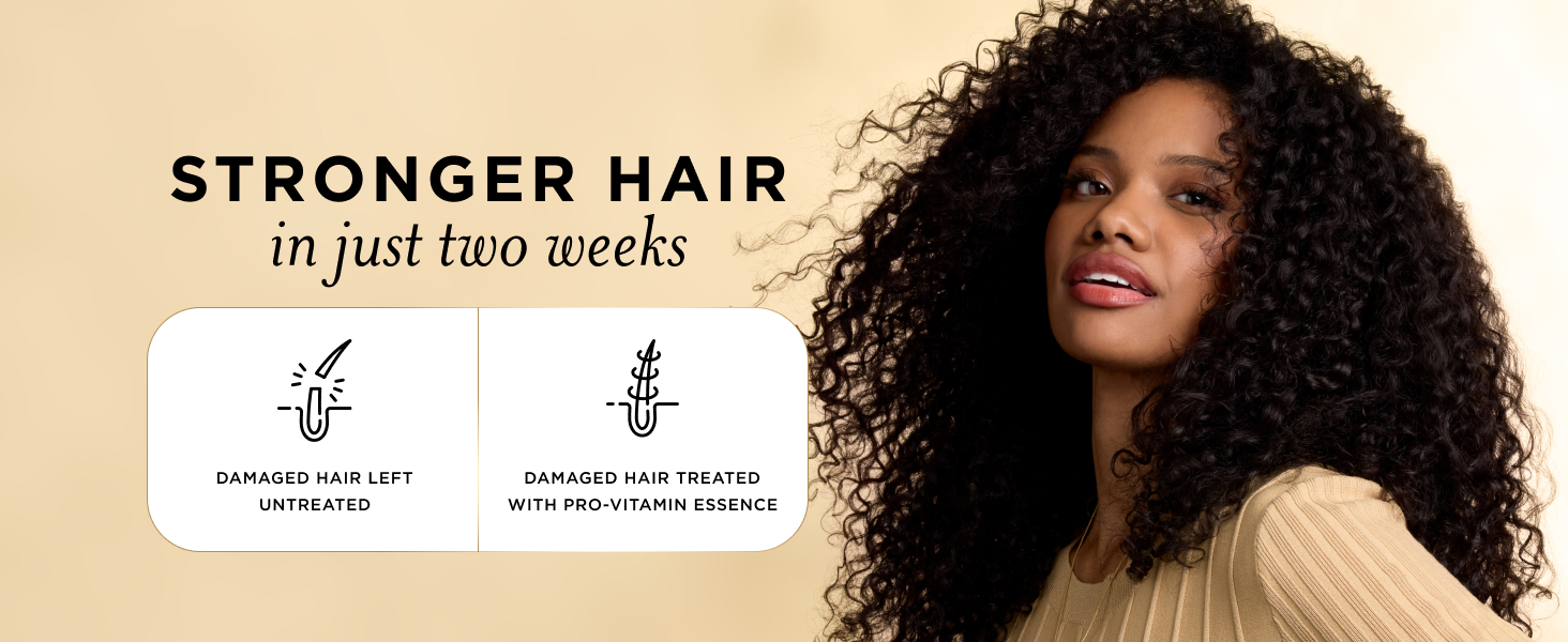 Stronger Hair in just two weeks; damaged hair left untreated vs. damaged hair treated with product