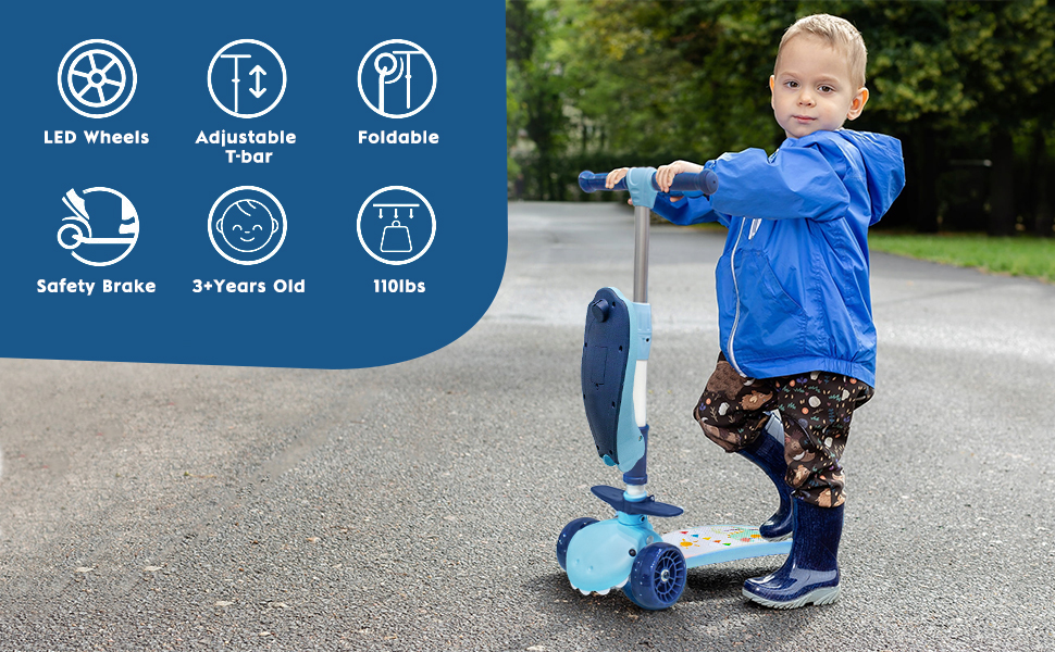 3 in 1 Kick Scooter for Kids with Foldable/Removable Seat,4 Adjustable