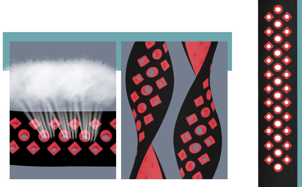 Image composite montrant des LED rouges disposées de différentes manières : un réseau horizontal émettant de la lumière vers le haut, des motifs sur du tissu et une bande lumineuse verticale.