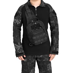 ATBP Tactical Small Black Sling Bag. Model Height : 175CM, 69". Weight : 150KG,330LB .