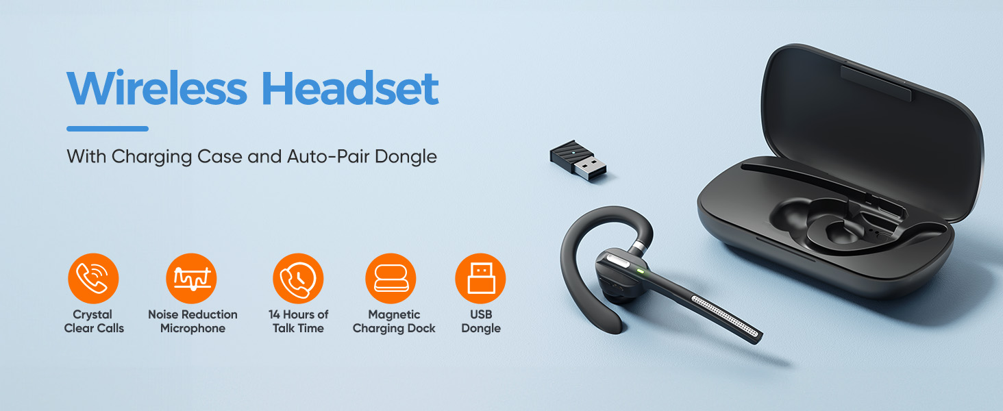 G5 Bluetooth Headset with Noise-Cancelling Mic, Wireless Earpiece with USB Dongle
