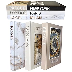 Cream Prague, London and Rome books with black and white New York, Paris and Milan dust jackets