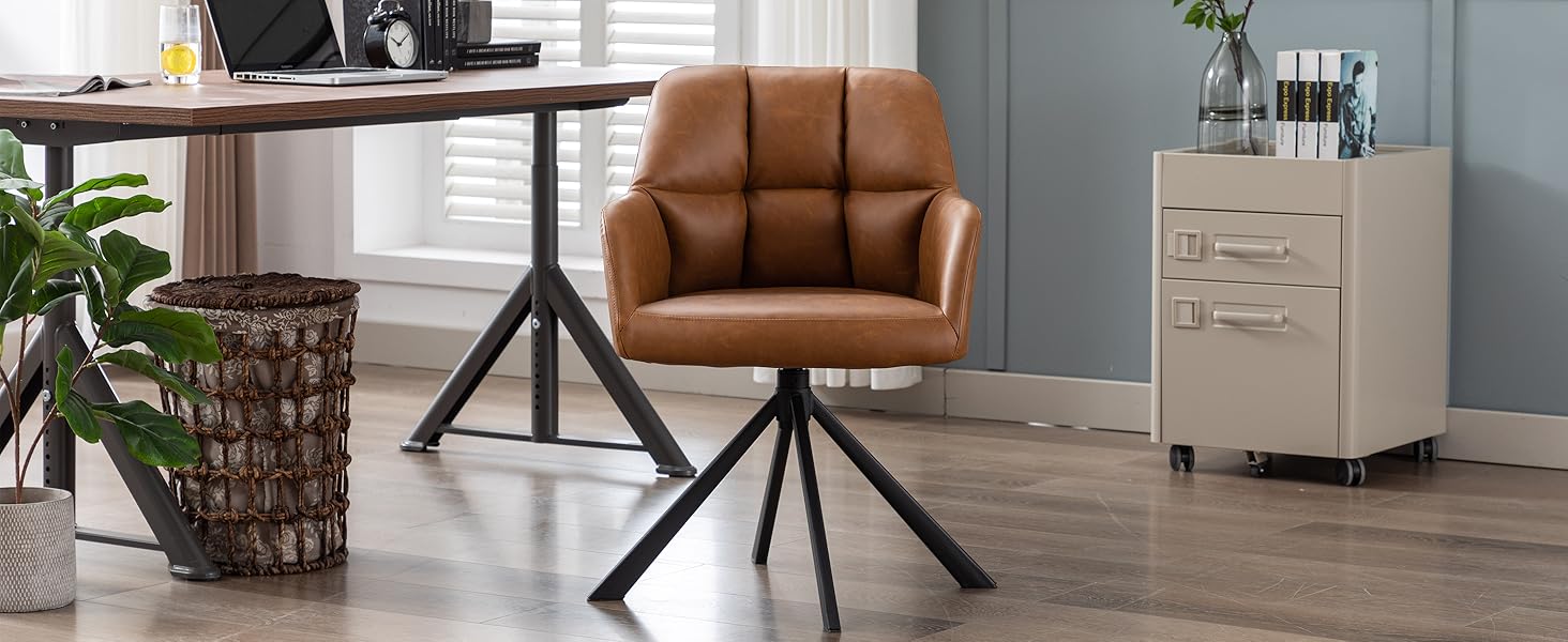 Desk Chair Modern Swivel Task Chair Without Wheels For Bedroom Home Office, Leather, Brown 11 fff