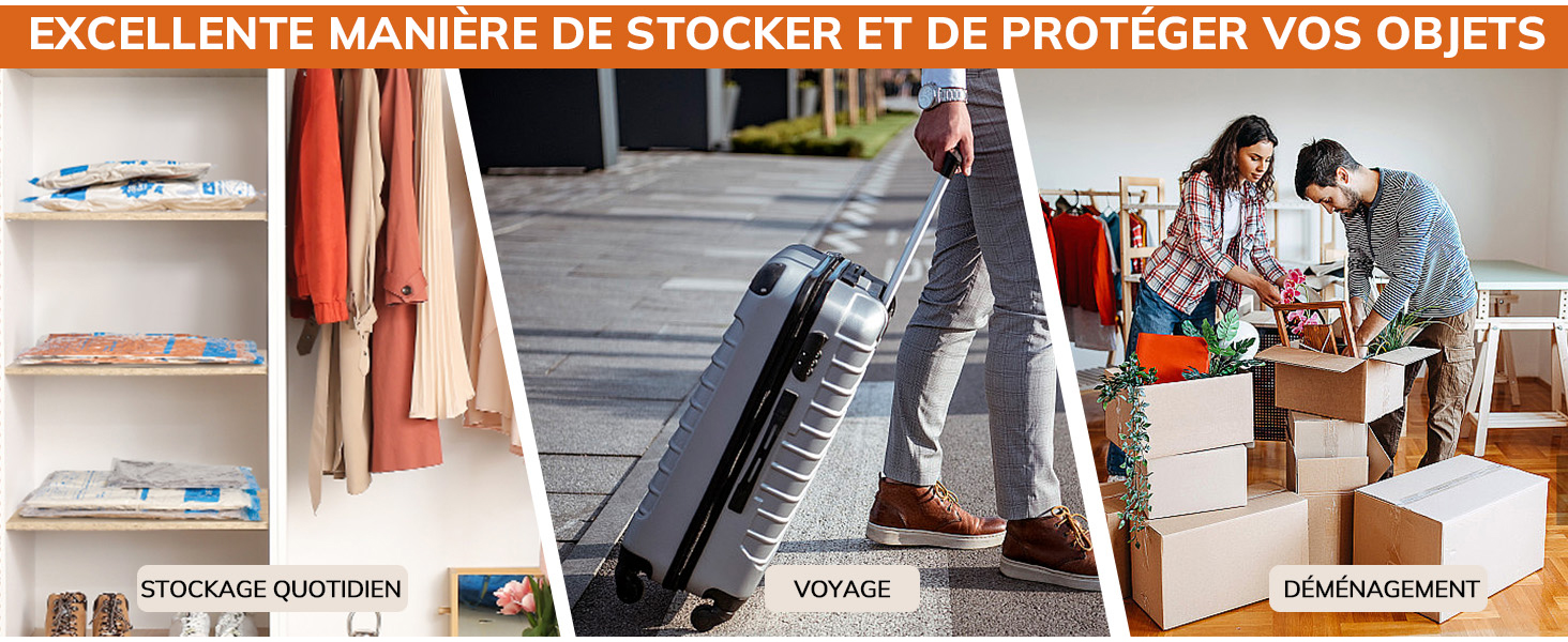 Scène de rangement et d'organisation montrant des porte-vêtements, des valises et des boîtes de déménagement dans un garage ou un espace de rangement