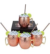 Set of 4 Copper Hammered Moscow Mule Mugs Drinking Cup with 4 Copper Straws, Great Dining Enterta...