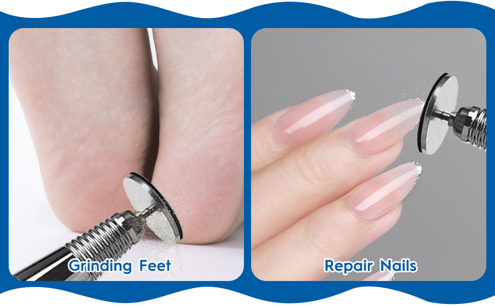 Gesplitste afbeelding met twee nagelverzorgingshulpmiddelen: een voetvijl voor het slijpen van voeten en een nagelboor voor het repareren van nagels. Beide gereedschappen hebben metalen uiteinden.