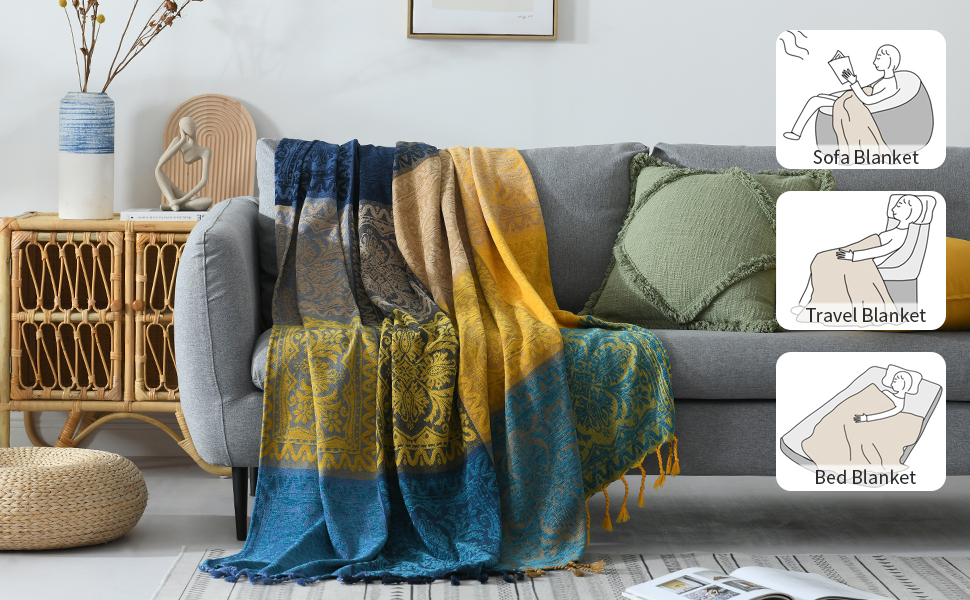 DECMAY Chenille Jacquard Boho Throw Blanket with Tassels, Throw for 2 3