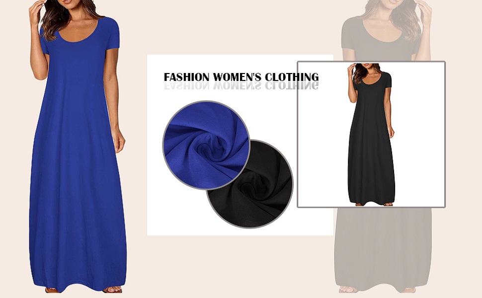 Robes longues en bleu et noir. Modèle à manches courtes et encolure dégagée. Le gros plan du tissu montre une texture lisse. Le texte indique « VÊTEMENTS À LA MODE POUR FEMMES