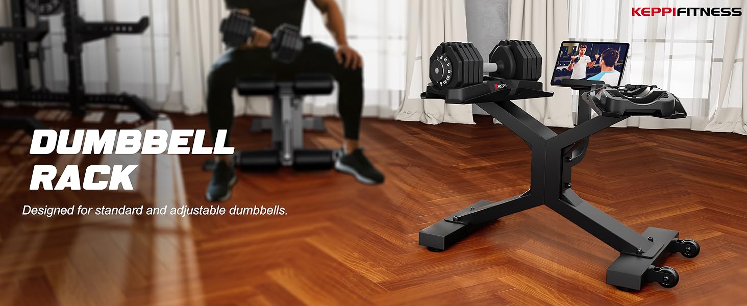 KeppiFitness Dumbbell Rack, 330LBS steel stand with tray, straps & wheels for home gym