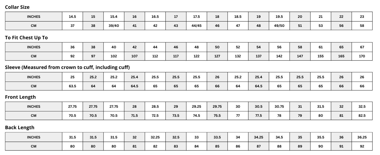 Men's Formal Shirts Slightly Swept Tail Size Guide