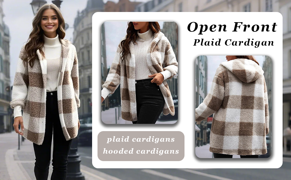 Fuzzy Fleece Cardigan Sweaters Women Long Plaid Shacket