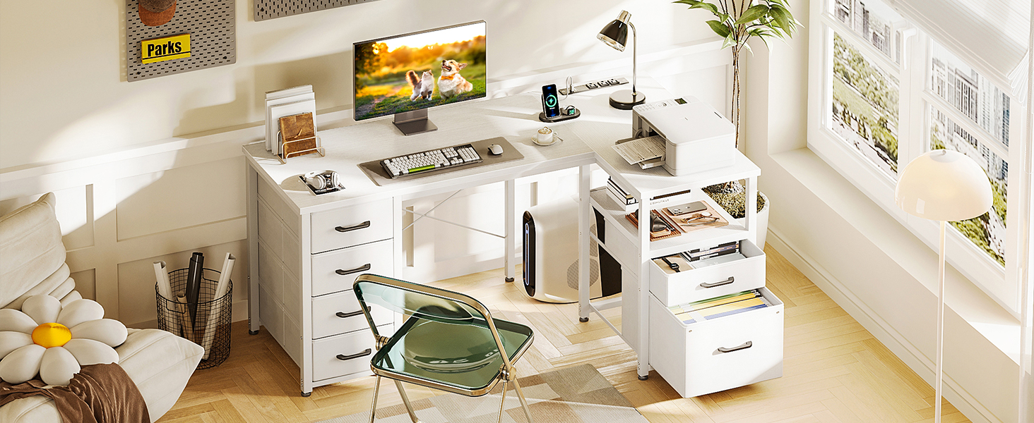 L shaped desk with 5 drawers and file drawer white 6-1
