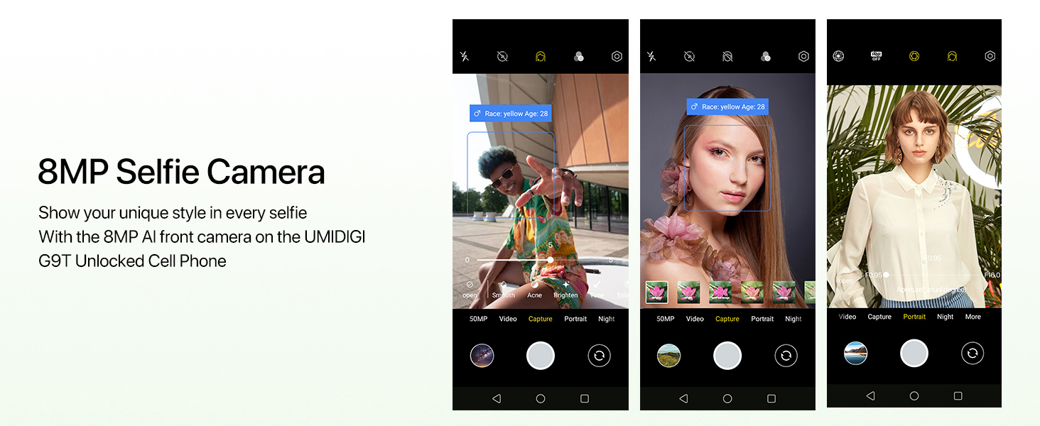 Smartphone interface showing 8MP selfie camera feature with three example photos: city skyline, woman's portrait, and person in tropical setting.